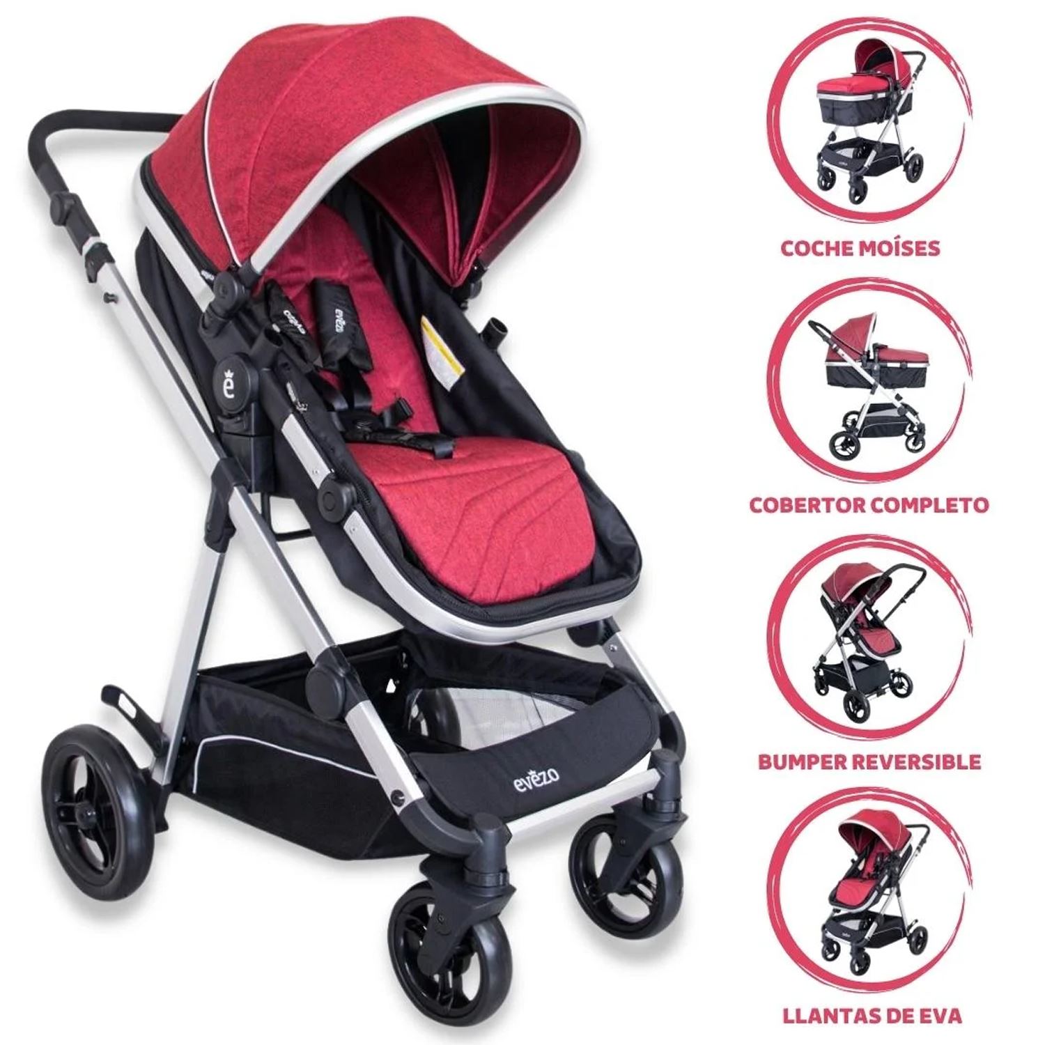 Coche Moises De Lujo Evezo Rojo